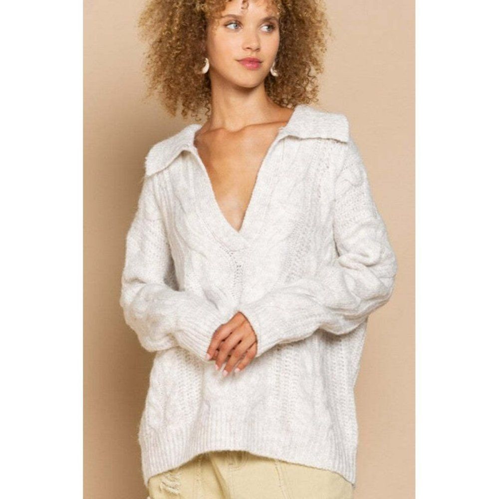 POL Clothing Light Taupe Cream Color Cardigan Oversized Cable Sweater FST312 - Picture 2 of 5
